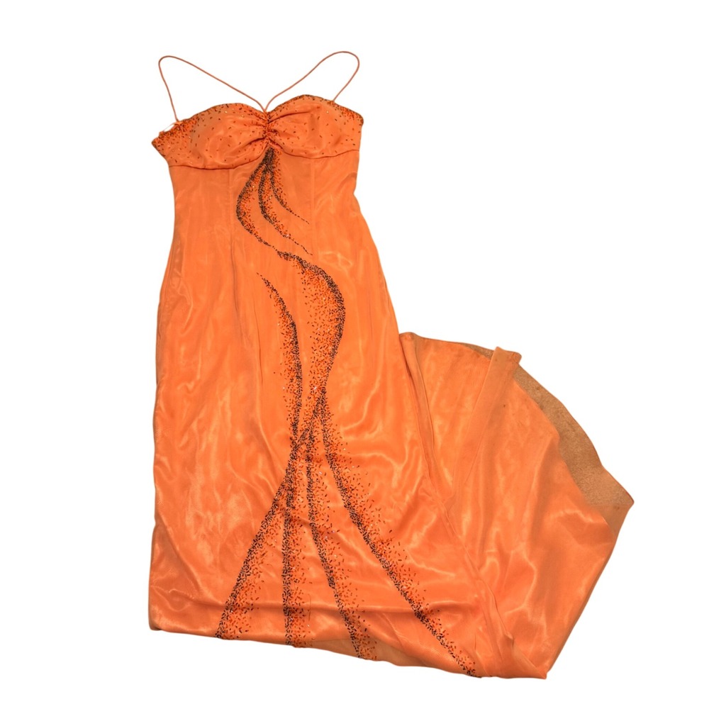 Vintage Fairy Orange Beaded Sweetheart Maxi Dress Size 8 Statement 90s Y2K Glam
